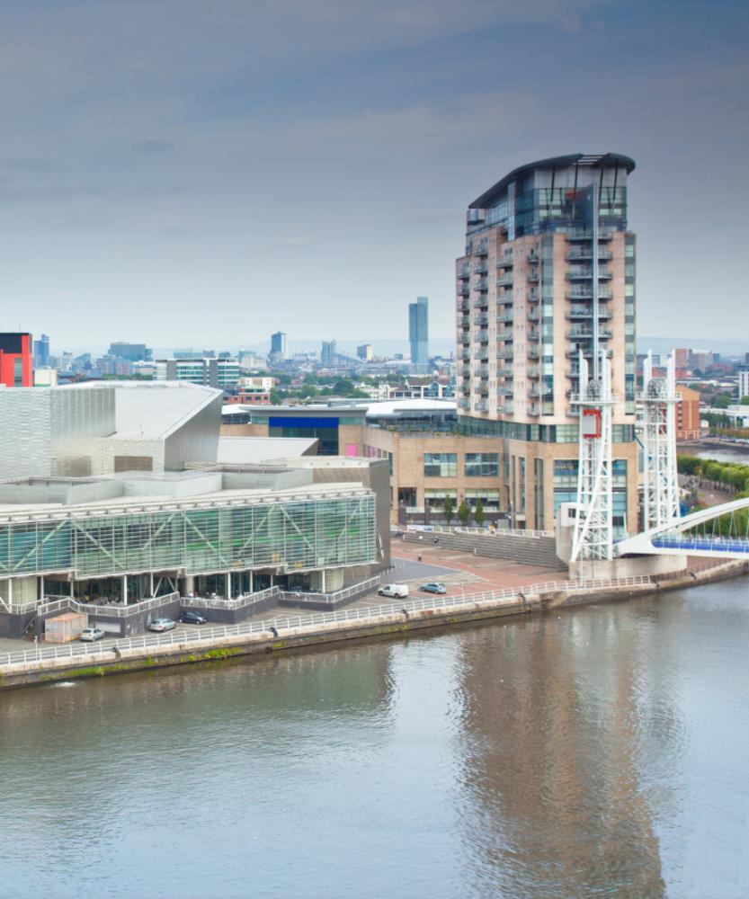 The harbour area of Salford Quays in the city of Salford, Greater Manchester