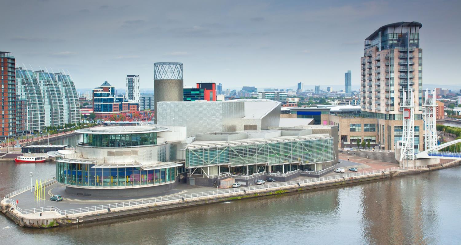 The harbour area of Salford Quays in the city of Salford, Greater Manchester
